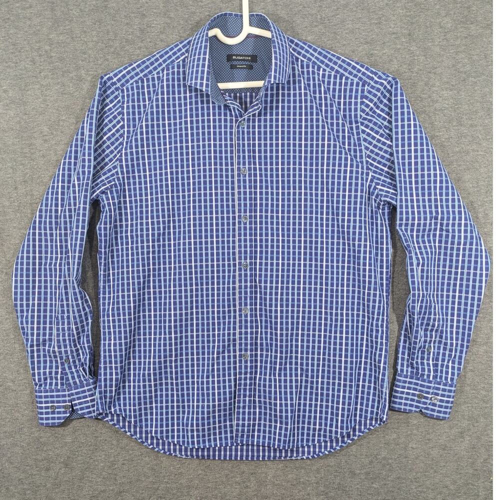 Bugatchi Shaped Fit‎ Mens Long Sleeve Button Down Blue White Gingham Size L